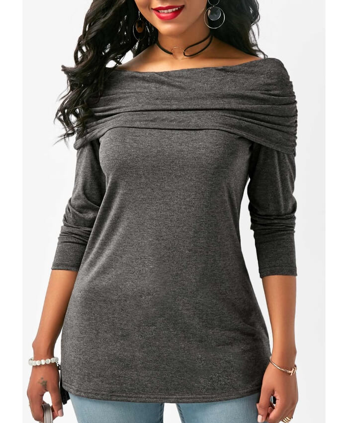 Deep Grey Long Sleeve Ruched Bardot Blouse
